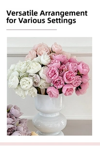Detailed view of realistic 27-head faux tea roses in a white vase for home decor
