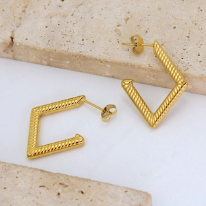 Elegant gold stainless steel geometric stud earrings with textured ribbed square design