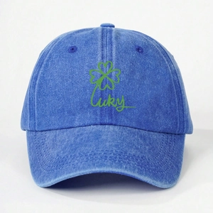 Navy blue washed cotton baseball cap with lucky green clover embroidery for outdoor sun protection