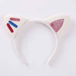 White cat ear headband with colorful glitter accents and soft plush finish for party costume