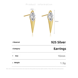 Detail showing S925 silver stud earring dimensions with marquise-cut zircon in gold finish