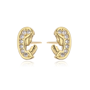 Virgin Mary gold-plated stud earrings with micro-set zircon halo on white background