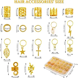 Size chart for braid hair accessories including cuffs, rings and various pendant styles