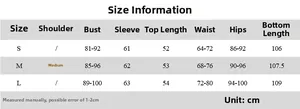 Detailed size chart for the women's crew neck top and high waist flared pants set