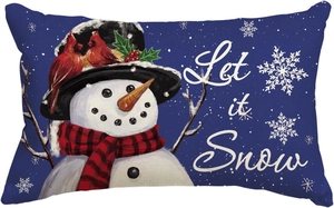 Linen Christmas pillowcase featuring a 'Let it Snow' snowman and cardinal illustration