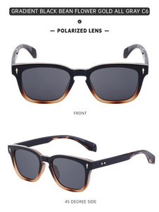 Front and 45-degree side view of polarized square sunglasses with gold rivet accents