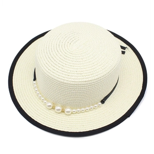 Flat top straw boater hat with black trim and gradient pearl band decoration