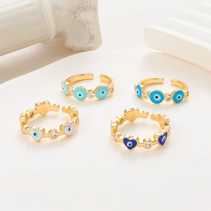 Evil eye gold open rings set with blue enamel heart and zircon details for women