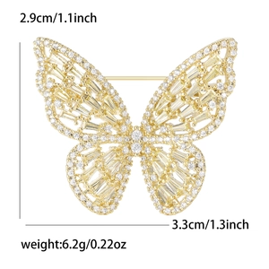 Elegant gold butterfly brooch with zircon insets and detailed dimensions for women