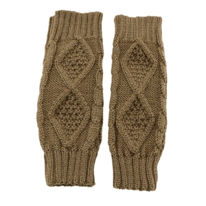 Camel cable knit arm warmers featuring diamond jacquard pattern for winter warmth