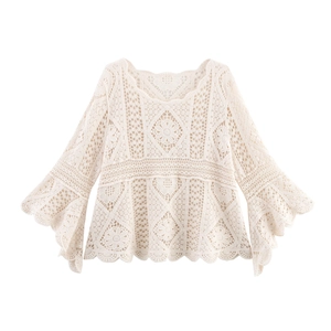 Crochet Lace Cardigan V Neck Hollow Out Long Bell Sleeve Scalloped Hem Summer Cover Up Top Women