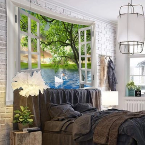 3D window view wall tapestry with swans on a lake for home bedroom decoration
