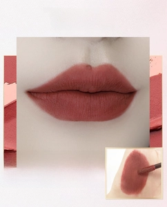 Macro view of matte rose lipstick texture and lip swatch of shade 03 on fair skin