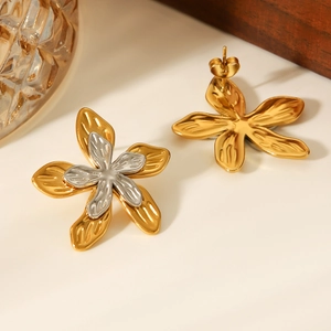 Détail de boucles d'oreilles fleur en acier inoxydable bicolore or et argent poli