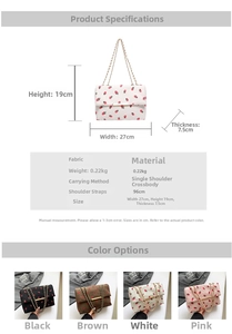 Size guide for strawberry print shoulder bag with 27cm width and chain strap details