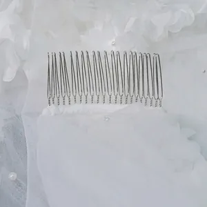 Double layer bridal veil with floral appliques and pearls on a metal hair comb