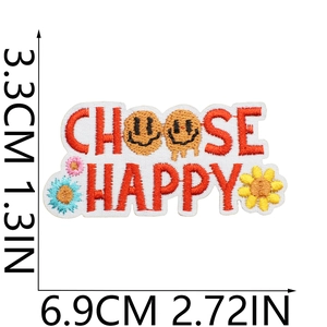 Detailed close-up of Choose Happy embroidered patch with dimensions and floral smiley pattern