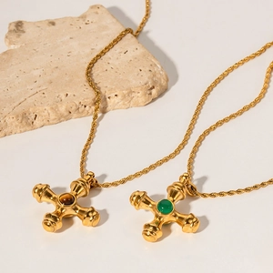 Vintage 18K gold plated stainless steel cross necklace with natural tiger eye gemstone