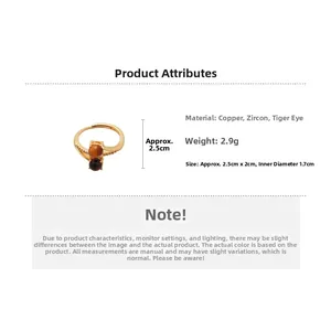 Detailed view of gold plated tiger eye ring with zircon accents and size measurements