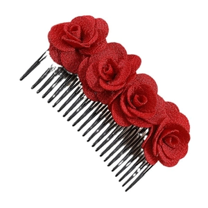 Elegant hair comb with four textured red fabric roses on a black base for wedding party