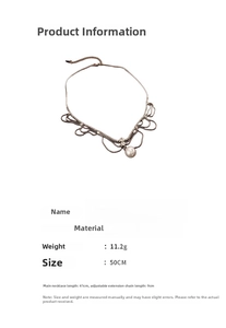 Detailed spec sheet for pearl tassel necklace showing 50cm length and copper material