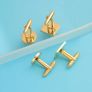 Polished gold mirror finish round and square cufflinks set with T-bar closure for men