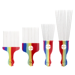 Rainbow metal hair picks with fist handles for styling afro hair on white background