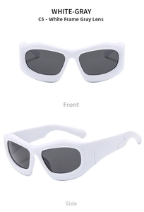 Front and side view of trendy chunky white frame sunglasses with gray lenses for fashion