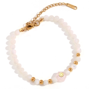 Stainless steel beaded bracelet with white pearls and pink hexagonal stone for women