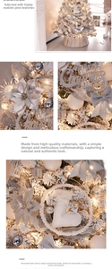 Detail of silver Christmas tree decorations with glitter bows and Merry Christmas signs