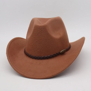 Vintage Western Cowboy Hat Polyester Felt Wide Brim Braided Band Metal Buckle For Adult Retro Style