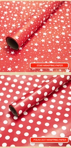 Detail of red Christmas wrapping paper featuring white star and polka dot patterns