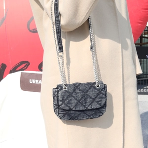 Quilted denim chain crossbody bag in dark grey with silver strap for women stylish outfit