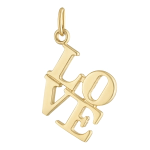 Detailed macro view of a shiny gold LOVE letter pendant with a polished metallic finish