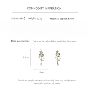 Detailed spec sheet showing zircon butterfly earrings dimensions 7.9cm and weight 10.7g