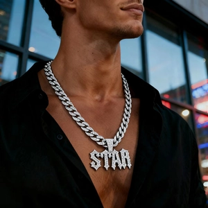 Hip hop silver Cuban chain necklace with iced-out STAR letter pendant for men