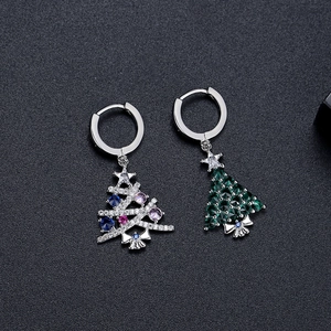 Exquisite Christmas tree hoop earrings with colorful zircon and green stones in silver