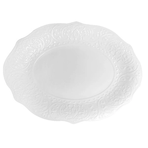 Elegant white oval ceramic dinner plate featuring vintage baroque relief patterns