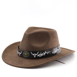Brown faux suede western cowboy hat with a decorative embroidered bull head leather band