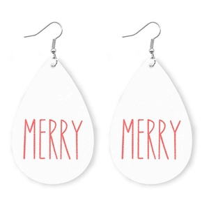 Close-up of white teardrop leather earrings with red Merry text for Christmas