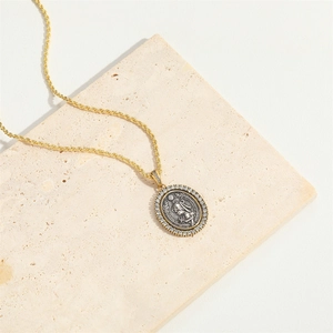 Vintage gold twist chain necklace with silver oval angel relief and zircon inlay