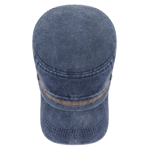 Vintage washed navy blue cotton military flat top cap with brown leather strap detail
