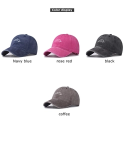 Detailed color display of washed cotton baseball caps in navy, rose red, black and coffee