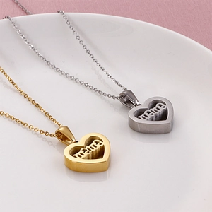Minimalist heart-shaped MAMA pendant necklace in gold and silver stainless steel finish