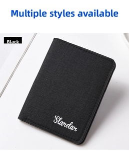 Detail view of ultra-thin black canvas wallet with white Slardar logo embroidery