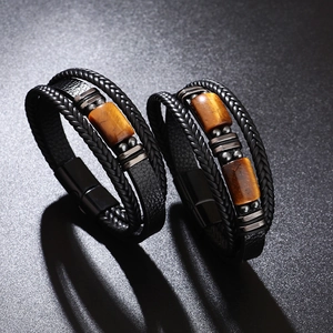Men's multilayer black leather bracelet featuring tiger eye stones and magnetic clasp