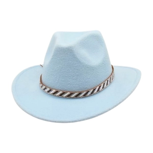 Detail of light blue wool felt cowboy hat featuring a striped ethnic patterned band