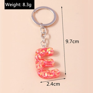 Pink resin alphabet E keychain with glitter sequins and silver ring including dimensions