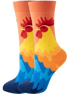 Detail showing high-quality colorful rooster patterns on mid-calf cotton casual socks