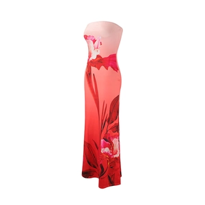 Detail of slim fit strapless floral maxi dress in gradient pink with smooth texture